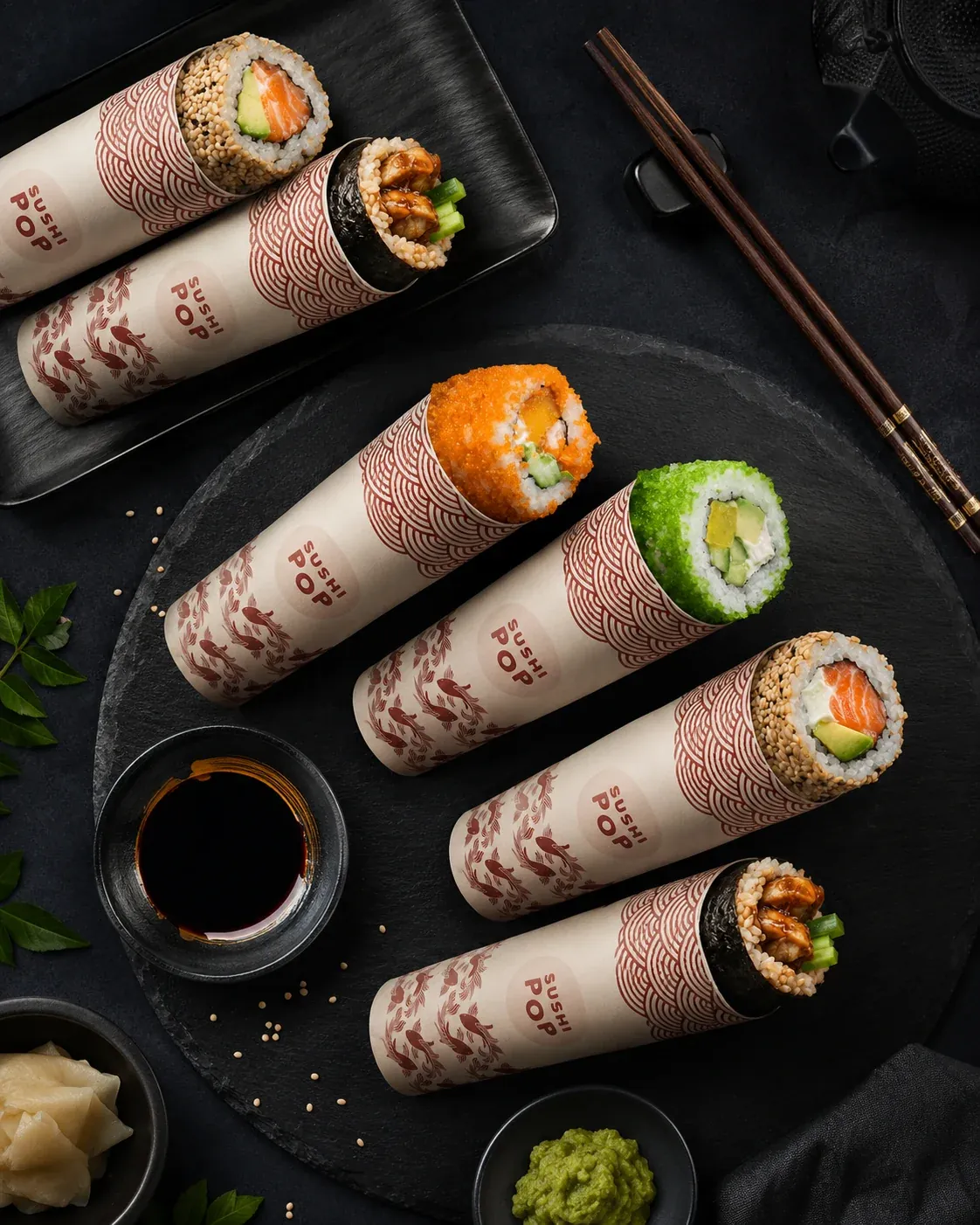 Sushi Pop assortiti su piatto scuro
