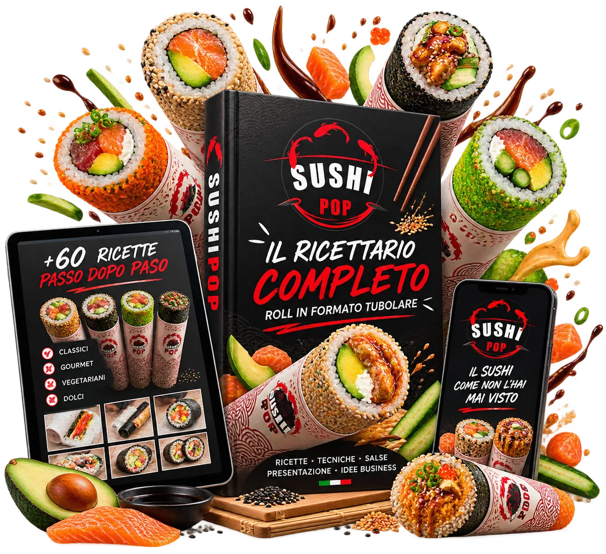 Mockup principale Sushi Pop con ricettario, tablet e smartphone
