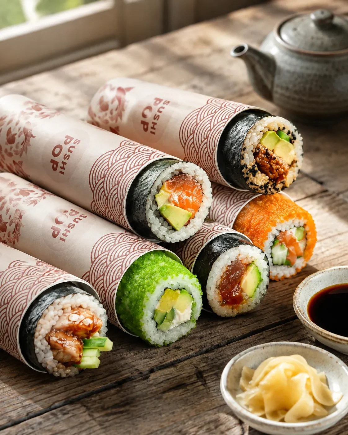 Sushi Pop assortiti su tavolo in legno